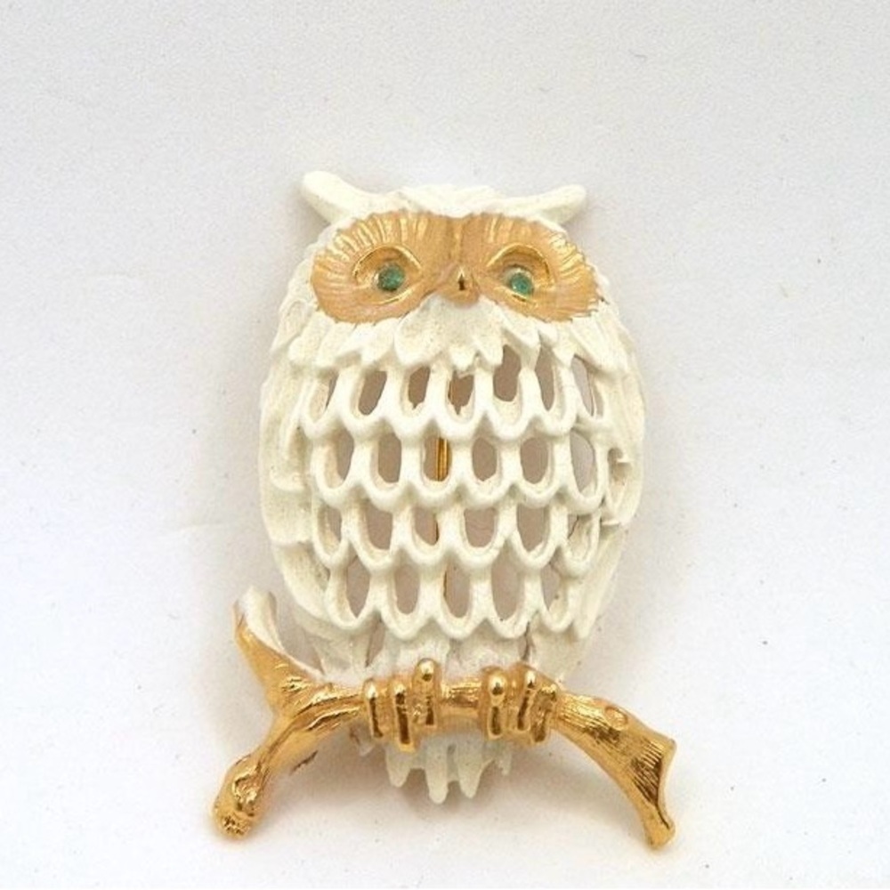 Vintage Napier Enameled White Owl On Branch Brooch w/Rhinestone Eyes
